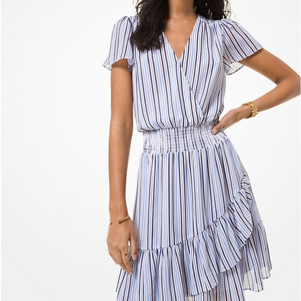Michael Kors White and Blue Asymmetrical Tiered Midi Dress